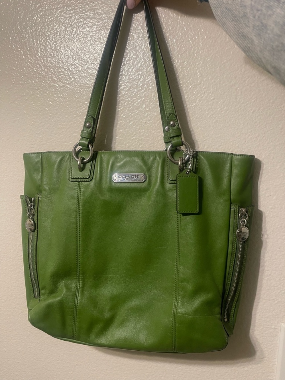 Vintage Coach Green Leather Shoulder Tote with Silver Hardware